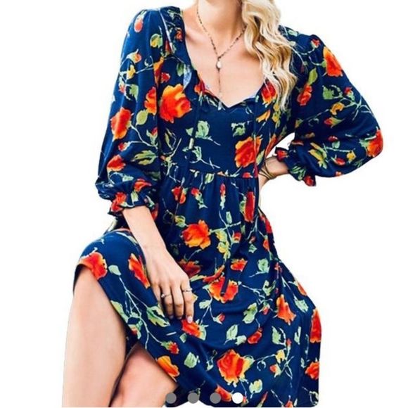 Suzanne Betro Dresses & Skirts - NEW Navy And Red Floral Dress With Ruffle & Empire Waist  - Size L